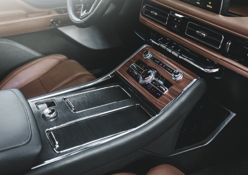 The front center console of a 2024 Lincoln Aviator® SUV is shown | Vista Lincoln Woodland Hills in Woodland Hills CA