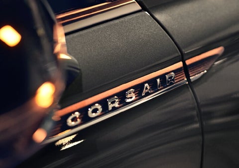The stylish chrome badge reading “CORSAIR” is shown on the exterior of the vehicle. | Vista Lincoln Woodland Hills in Woodland Hills CA