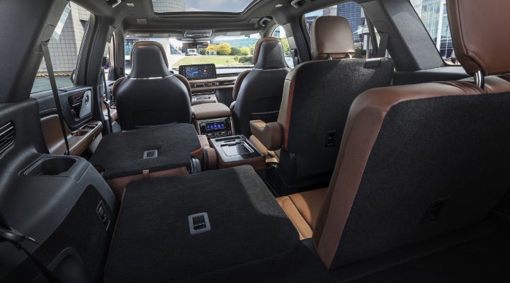 One side of the PowerFold® third-row seat and a second-row seat are folded forward in the 2026 Lincoln Aviator® SUV. | Vista Lincoln Woodland Hills in Woodland Hills CA