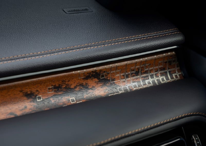 A close-up shot of the 2026 Lincoln Aviator® dashboard with unique black and brown accents and brown stitching. | Vista Lincoln Woodland Hills in Woodland Hills CA